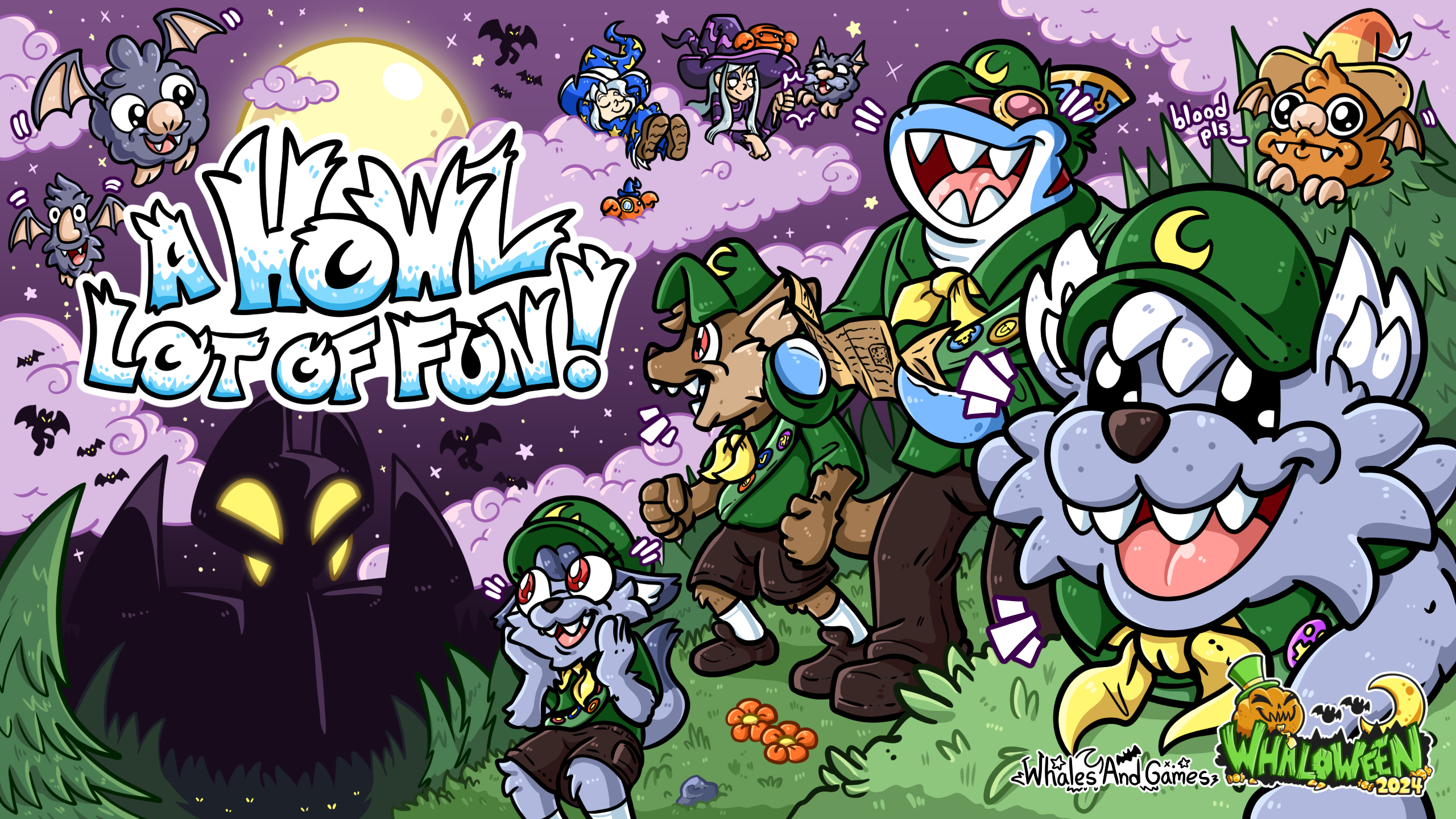 An artwork celebrating the Whales And Games Halloween season for 2024! The artwork shows a forest where Capt. Jawline, a shark character, is dressed as a scoutmaster with a green cap leading a pack of werewolf scouts. Next to him is Polite Whale, also dressed as a werewolf whale and as a scoutmaster, having a huge smile as he looks at the viewer!
Beneath them, a group of two enthusiastic scouts follow, one with brown fur and another with grey fur. Both of them are looking surprised and curious at the dark, ominous castle town with glowing eyes in the background.
Dapperfish is flying above Polite Whale, now turned into an orange bat and wearing a candy-corn coloured hat and is asking for "blood pls". Whalechan and Dapperchan, dressed as blue and purple witches, float on the pink clouds above, joined by playful bats.
The feature text of the picture above the glowing moon reads "A Howl Lot of Fun!" with the Whaloween 2024 logo and the Whales And Games signature displayed at the bottom right corner.