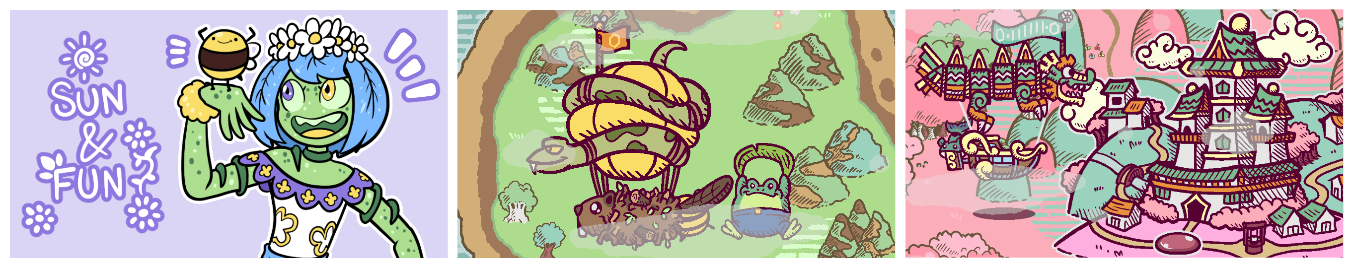 Sneak peaks for July and beyond at Whales And Games! The left picture shows Margarida, the floral town host from Townseek. The middle picture shows the new Townseek pets. Lastly, the right picture shows a town with a Japanese aesthetic, the Raisu Empire.