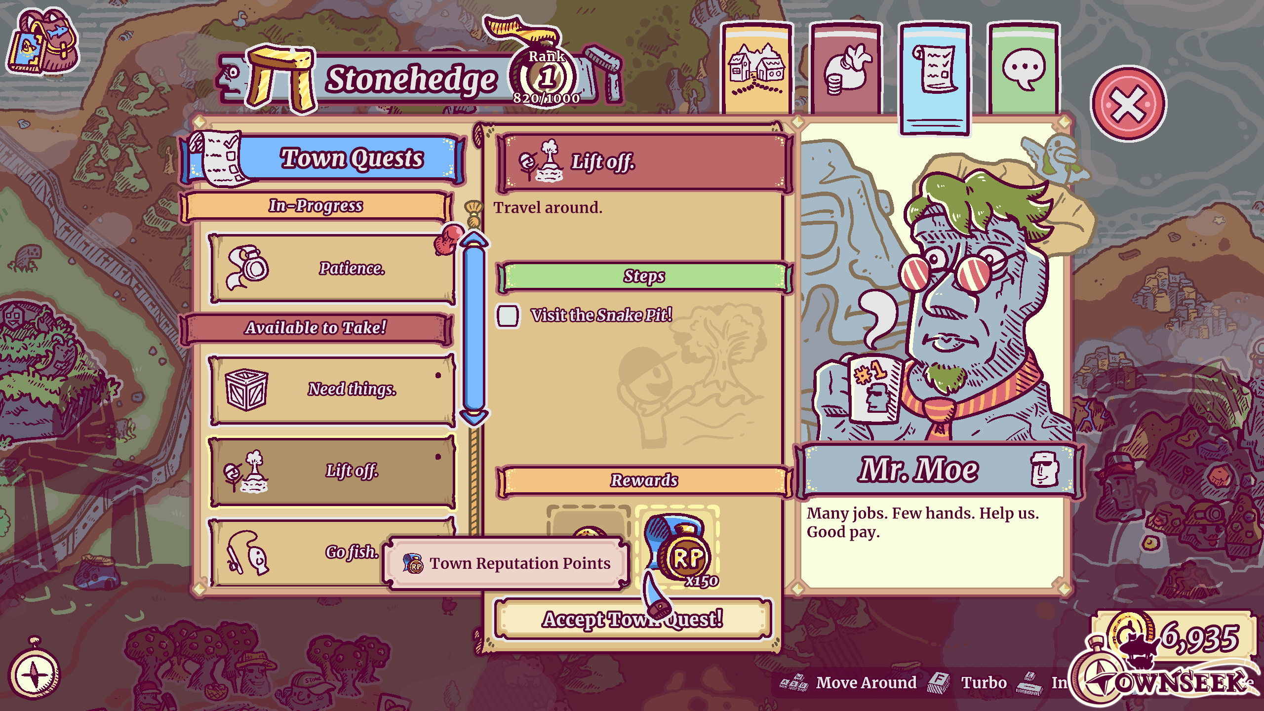 Town Quests provide you with various tasks provided to you by each townâs host! These are presented to you in the list to the left, and a set of steps and tasks on the right!